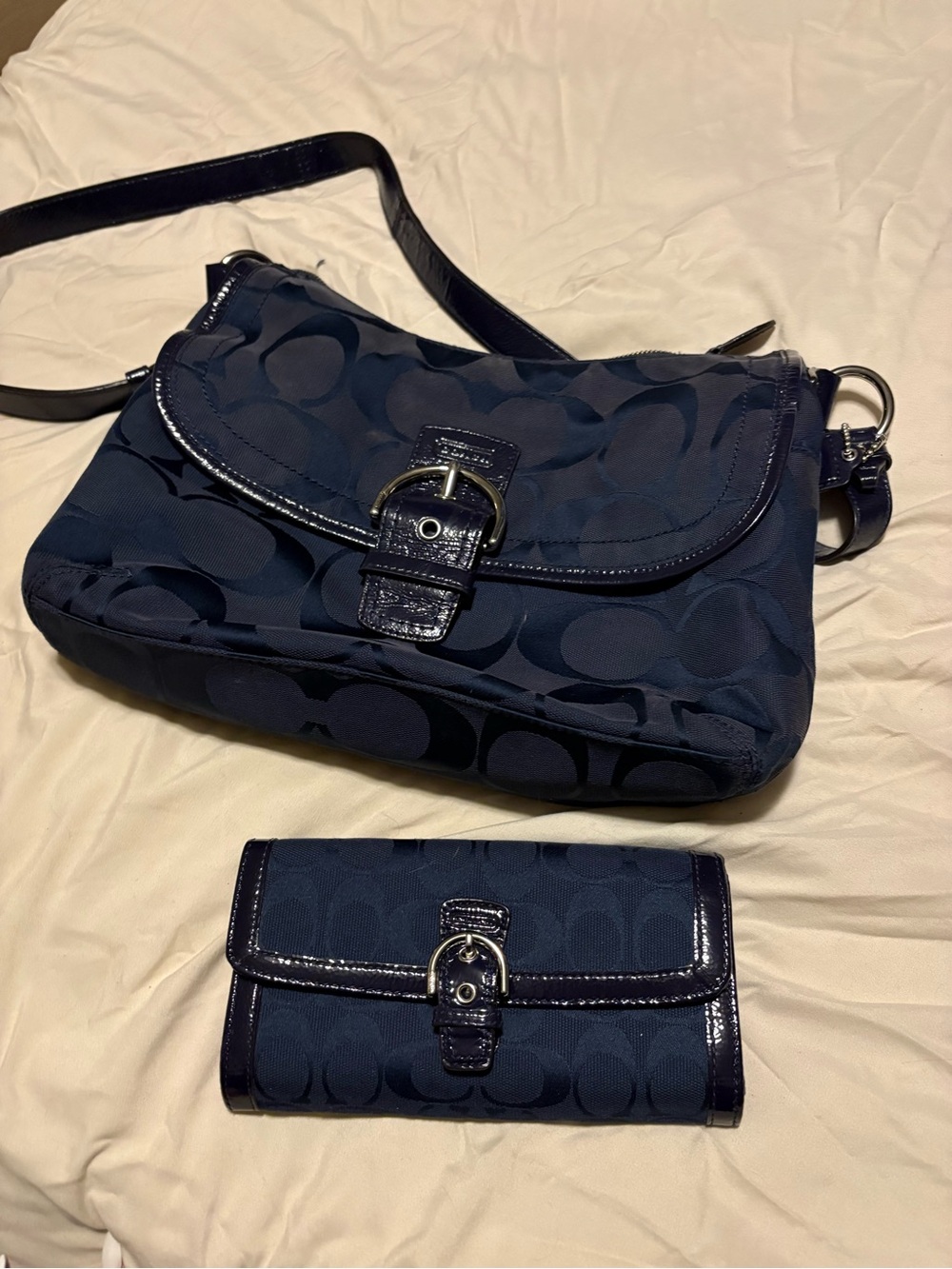 Coach Navy SoHo Signature Canvas Shoulder Bag with Matching Wallet